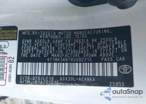 2006 Toyota Avalon Touring from USA, damaged, VIN 4T1BK36B76U092315